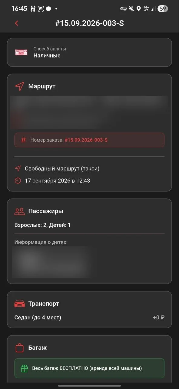 Детали маршрута и пассажиров; точные адреса скрыты